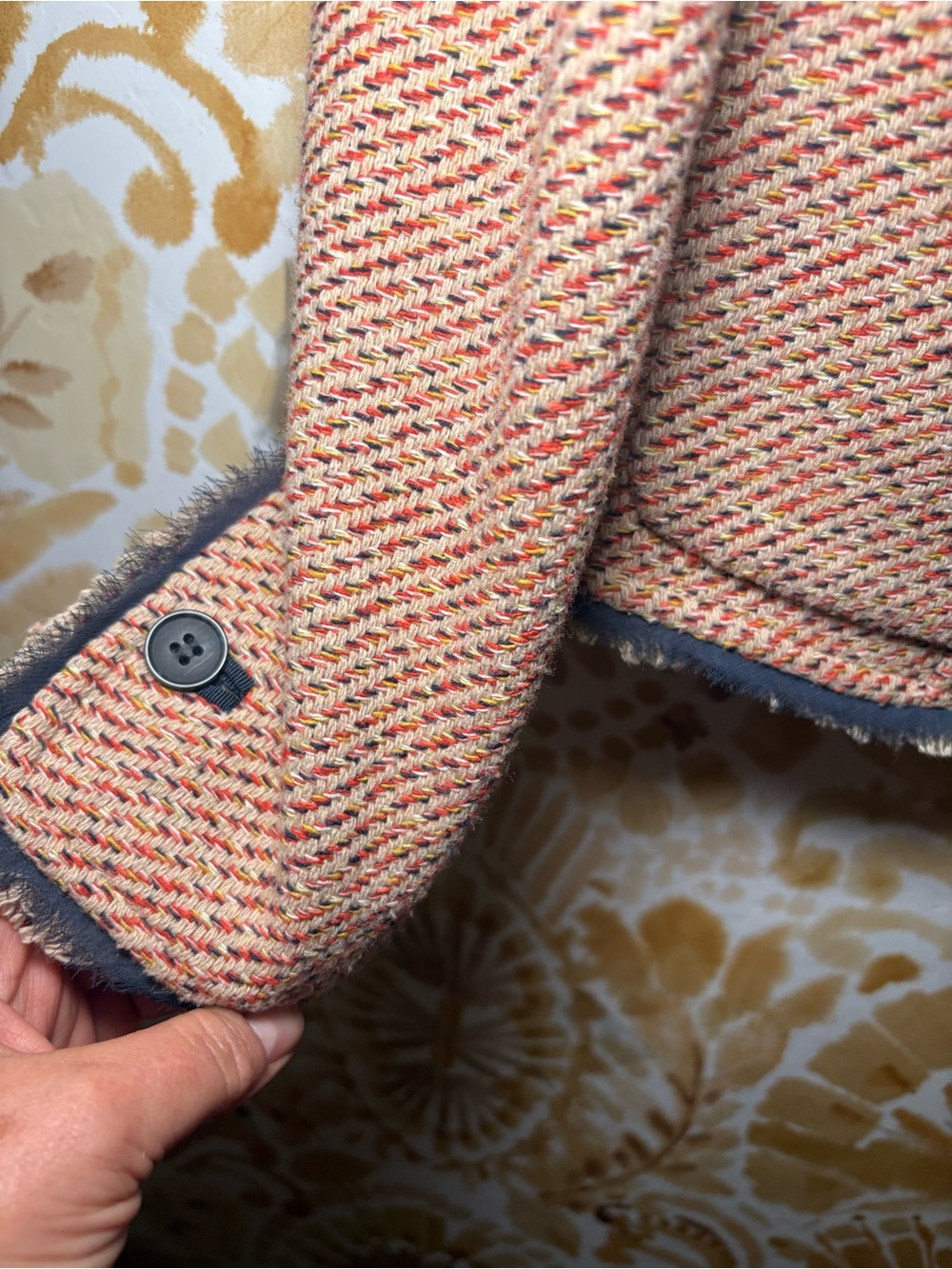 Anne Klein Tweed Blazer Jacket Pink Navy Trim Frayed Edge Career Preppy - Picture 9 of 14